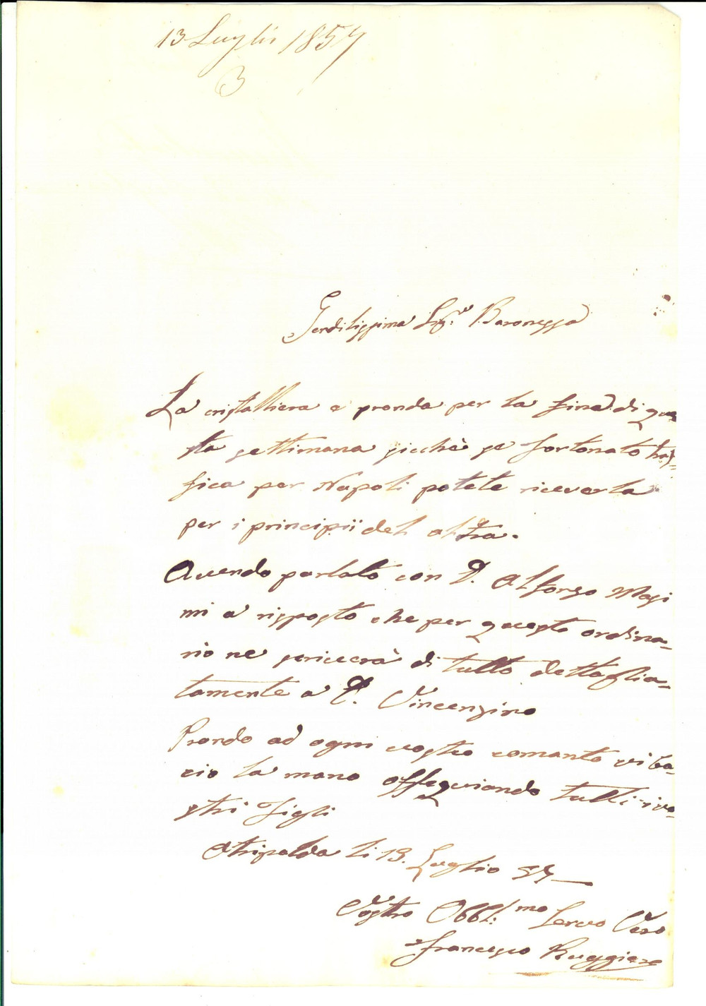 Documento originale, autentico 1857 ATRIPALDA AV Nuova cristalliera per la baronessa Anna BELLI 1