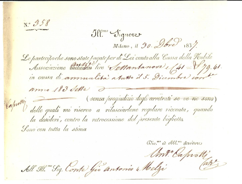 Documento originale, autentico 1837 MILANO Iscrizione conte MELZI alla NOBILE ASSOCIAZIONE TEATRO LA SCALA 1