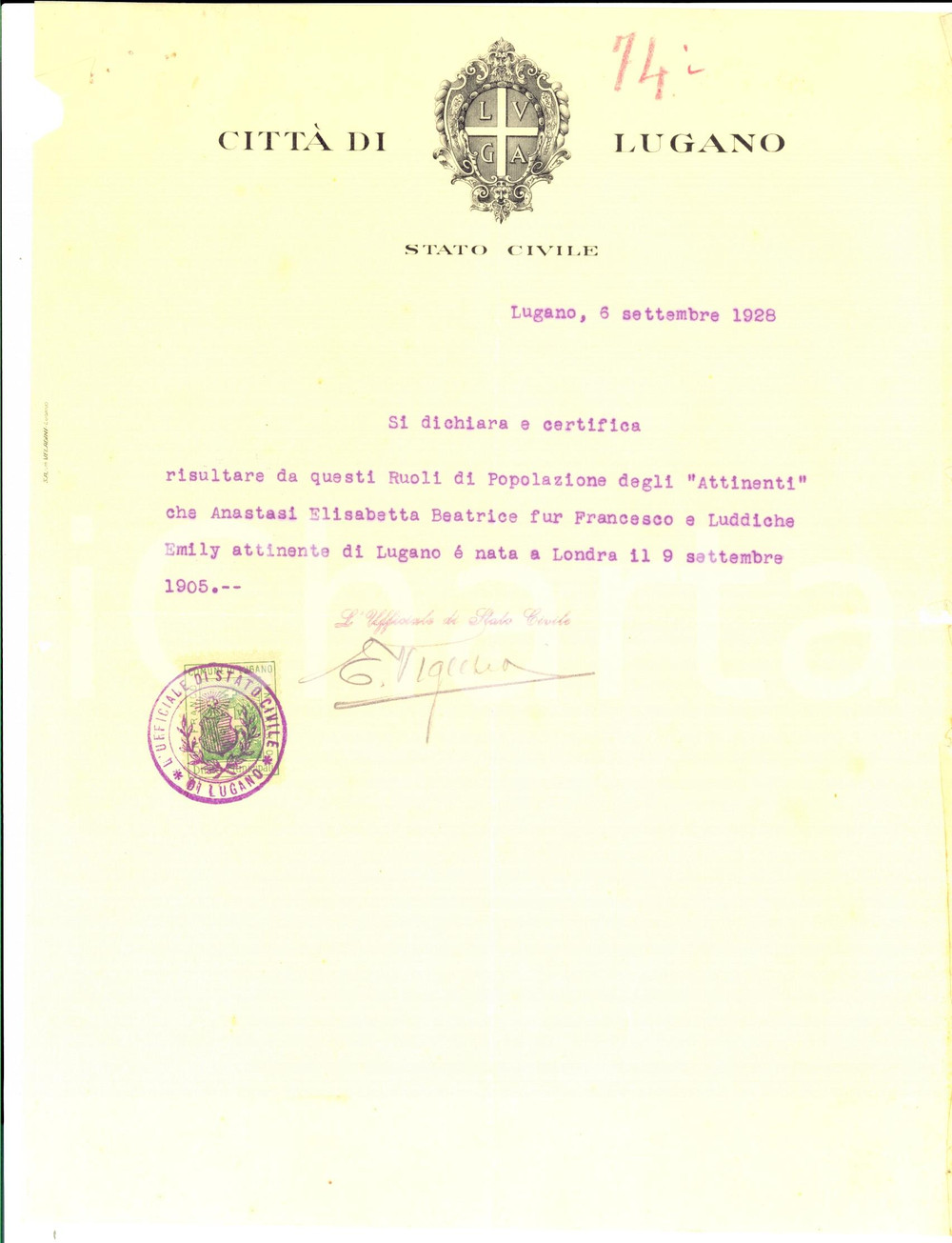 Documento originale, autentico 1928 LUGANO CH Atto di nascita di Elisabetta Beatrice ANASTASI Documento 1