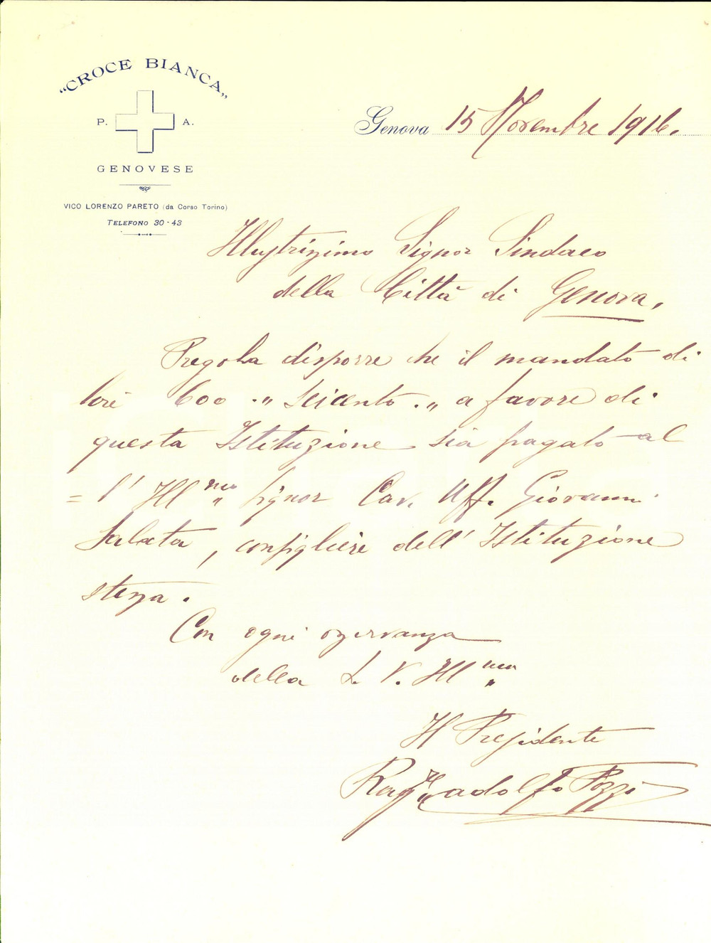 Manoscritto, lettera originale 1916 CROCE BIANCA GENOVA Adolfo POZZI pro consigliere Giovanni SALATA Autografo 1