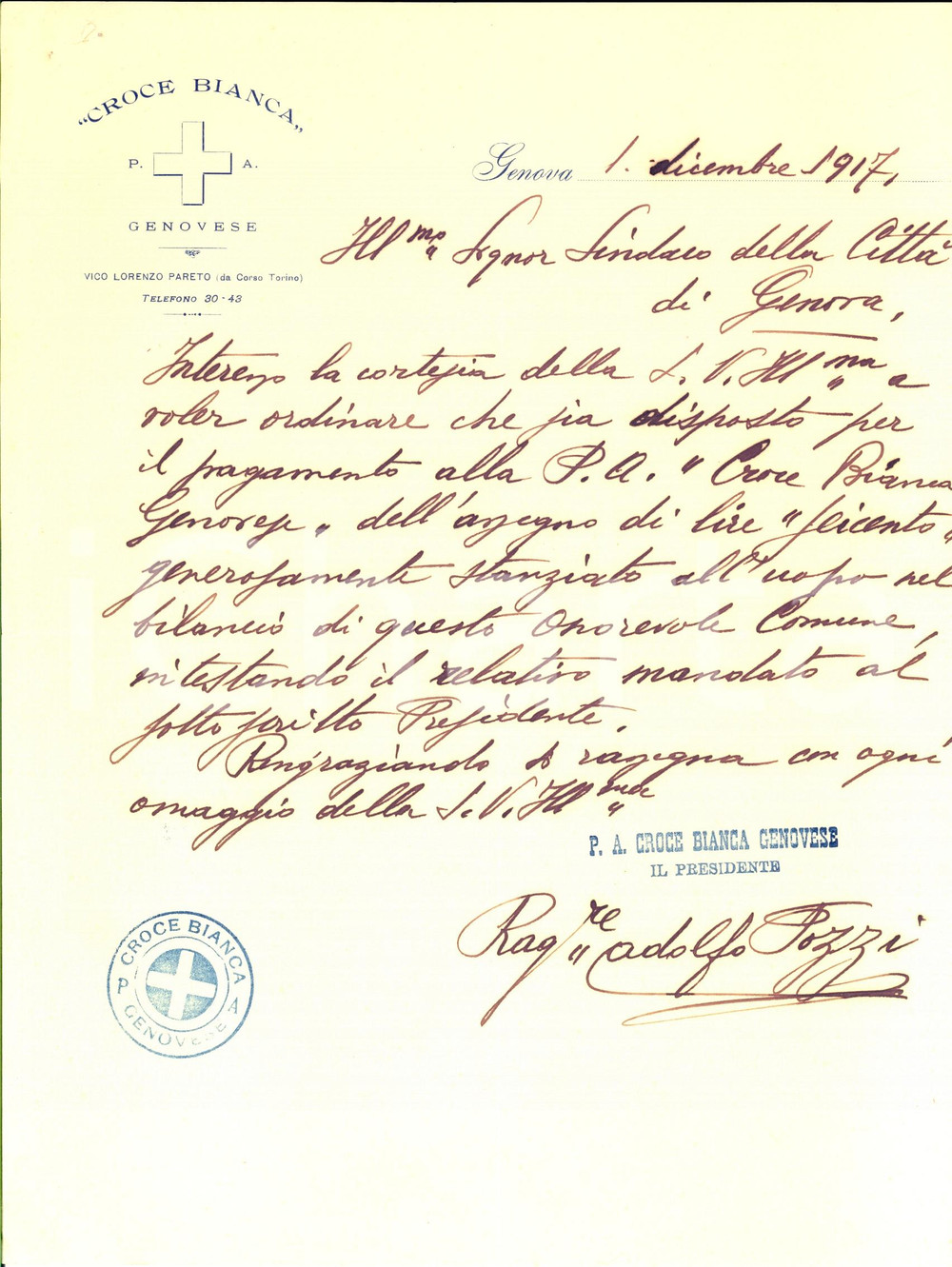 Manoscritto, lettera originale 1917 CROCE BIANCA GENOVA Adolfo POZZI chiede sussidio pro Associazione AUTOGRAFO 1