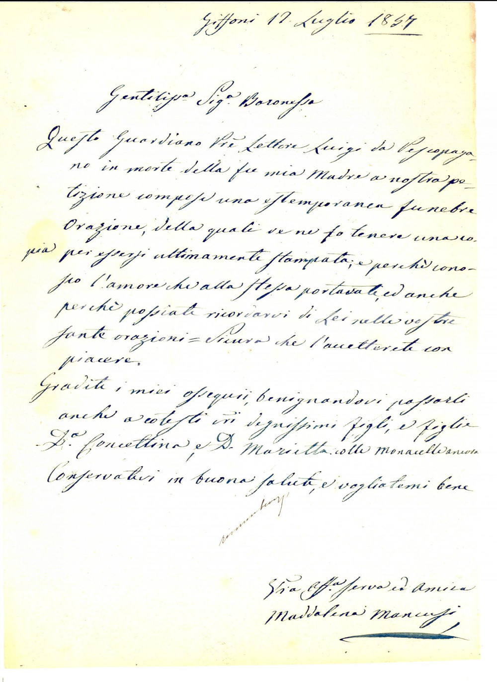 Documento originale, autentico 1857 GIFFONI SA Maddalena MANCUSI ringrazia per orazione alla madre defunta 1