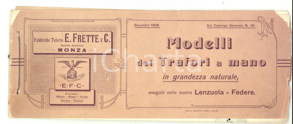 Materiale pubblicitario d’epoca 1908 MONZA Telerie FRETTE Modelli trafori a mano per lenzuola ILLUSTRATO 1