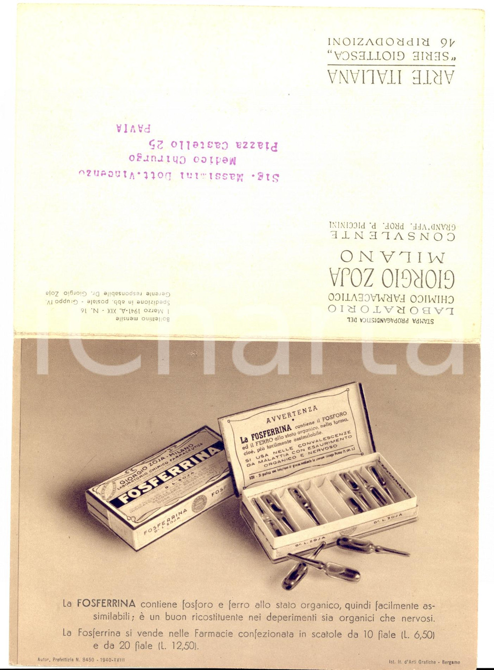 Materiale pubblicitario d’epoca 1940 MILANO Laboratorio Giorgio ZOJA Fosferrina GIOTTO PubblicitÃ  farmaceutica 1