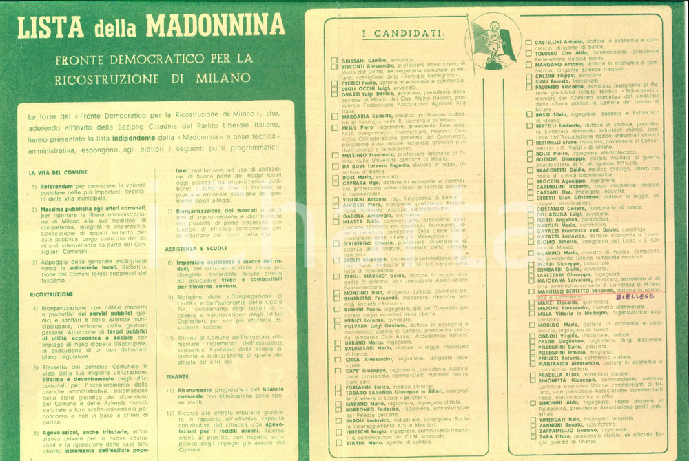 Materiale pubblicitario d’epoca ELEZIONI 1946 MILANO Lista della MADONNINA  PARTITO LIBERALE PROPAGANDA 1