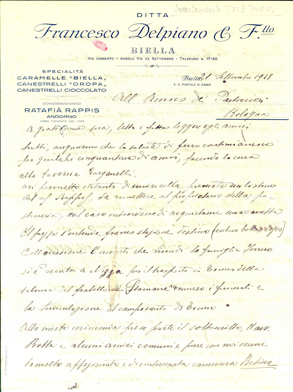 Documento originale, autentico 1938 BIELLA Industriale Francesco DELPIANO sulla visita di MUSSOLINI Autografo 1