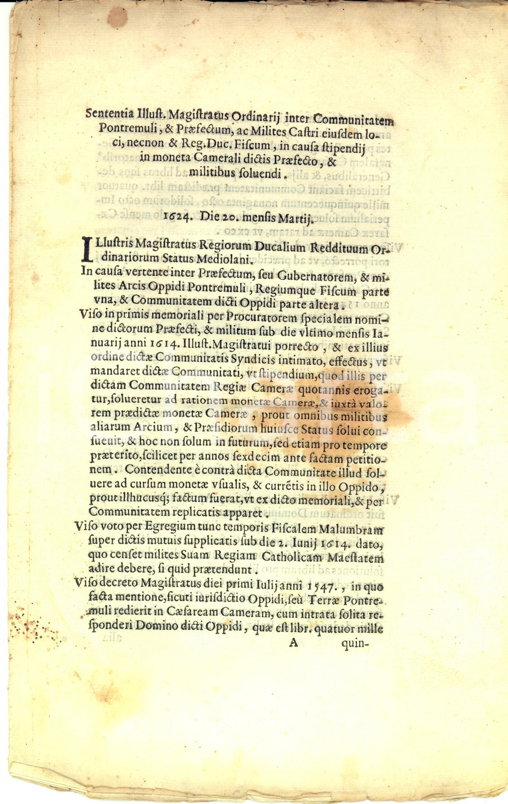 Documento originale, autentico 1624 PONTREMOLI MS Lite per stipendio del Prefetto e delle guardie Sentenza 1