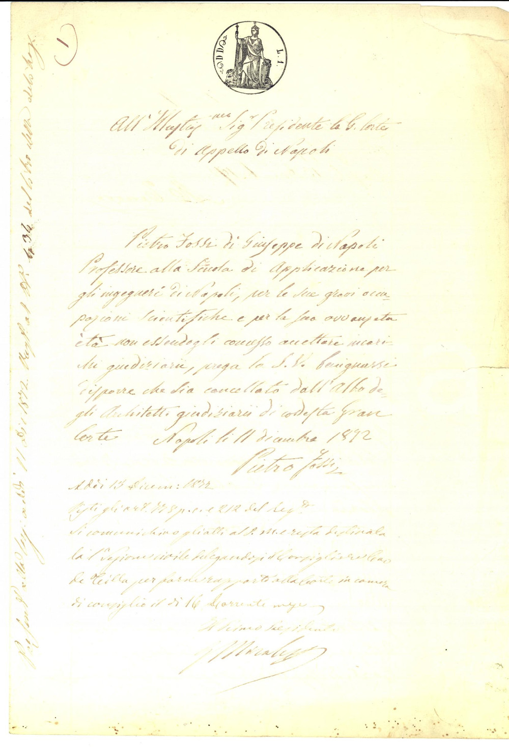 Documento originale, autentico 1872 NAPOLI Ing. Pietro FOSSI cancellato dall albo Architetti giudiziari 1