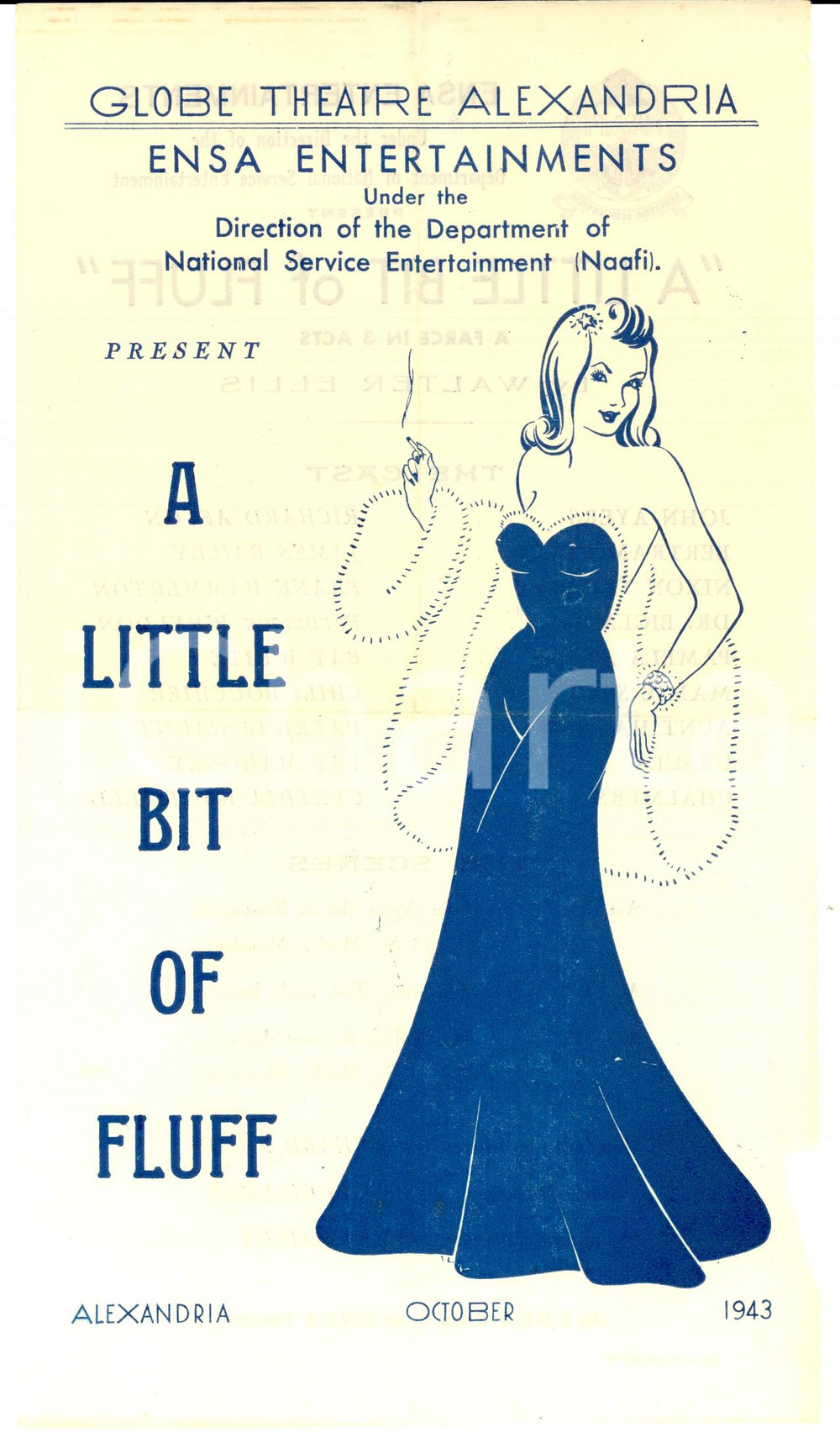 Materiale pubblicitario d’epoca 1943 ALEXANDRIA VAUSA Locandina GLOBE THEATRE A little bit of fluff 1