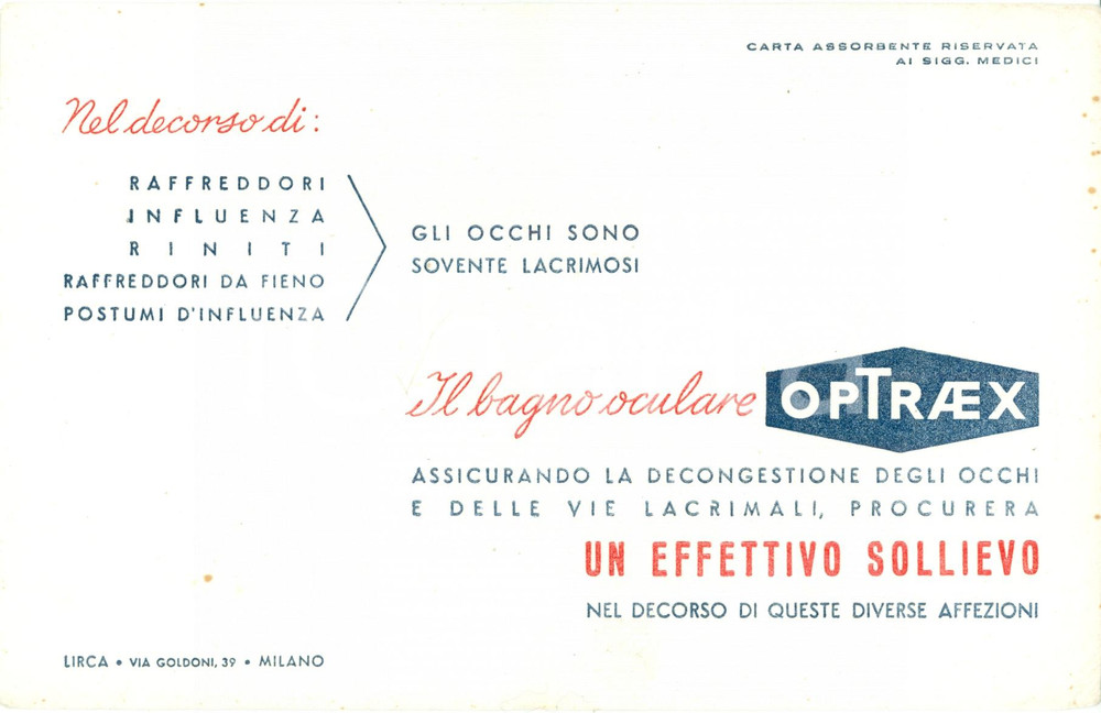 Materiale pubblicitario d’epoca 1950 MILANO Farmaceutica LIRCA Bagno oculare OPTRAEX PubblicitÃ  carta assorbente 1