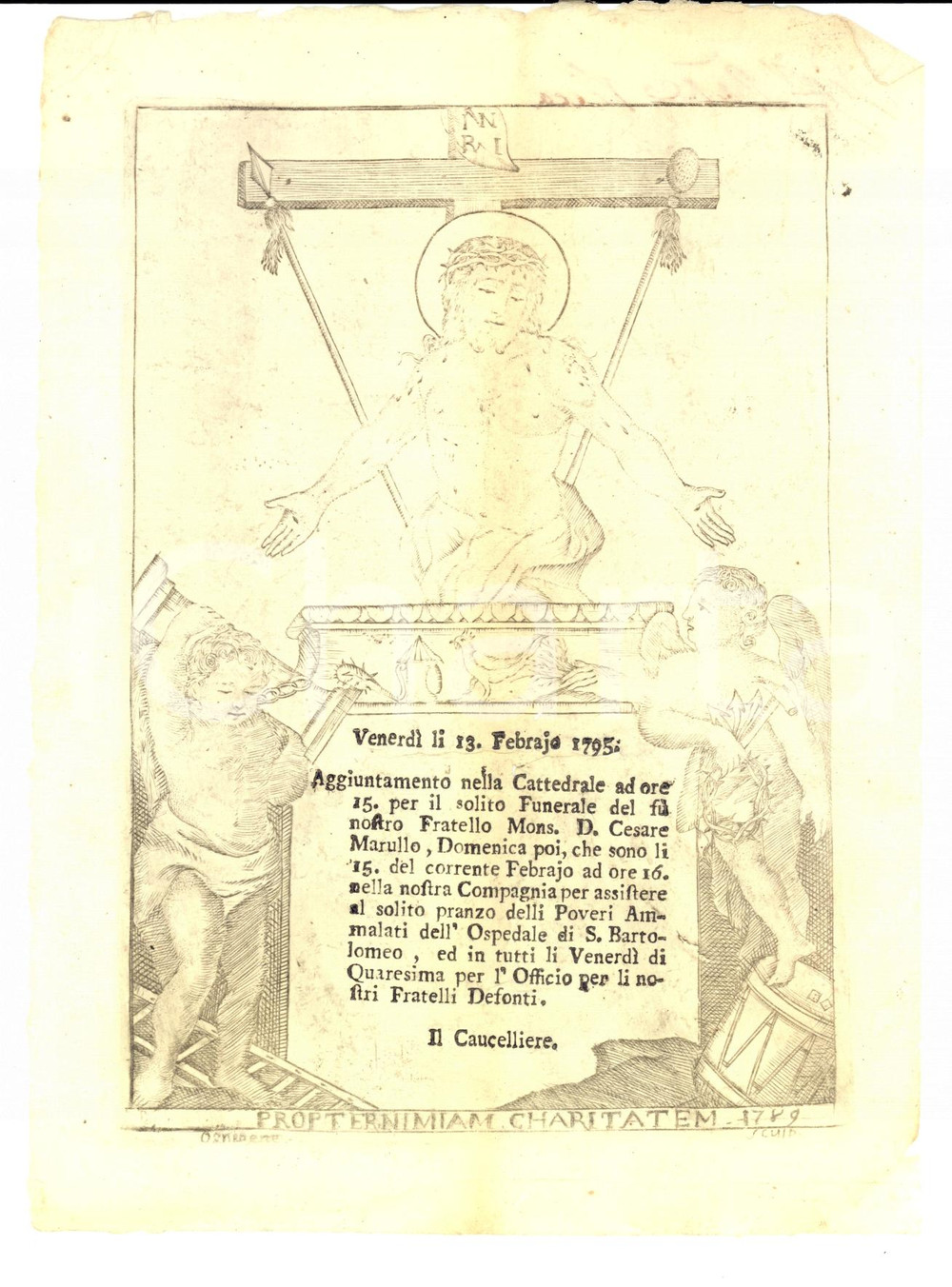 Stampa, bozzetto originale 1795 PALERMO Compagnia della CaritÃ  di SAN BARTOLOMEO  Inc. OGNIBENE 1