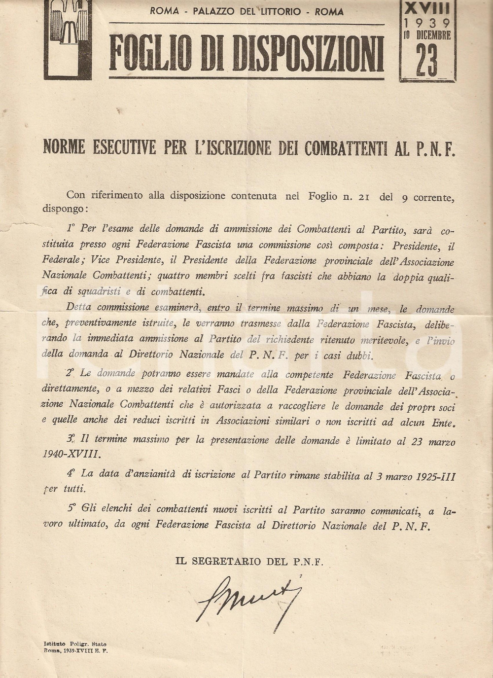 Documento originale, autentico 1939 PNF Norme per l iscrizione dei nuovi combattenti Foglio d ordini 1
