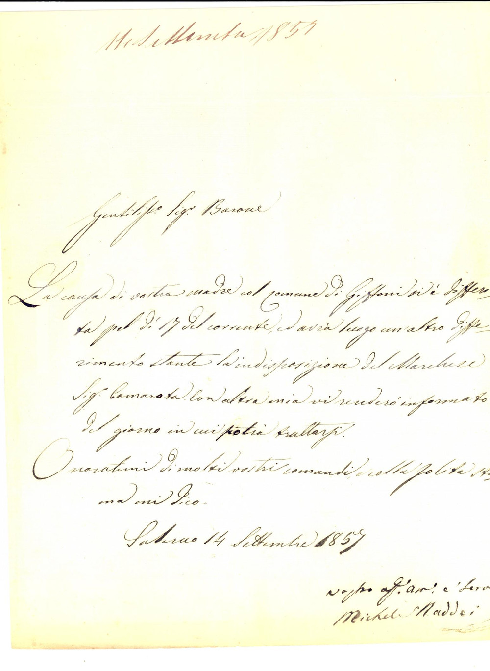 Documento originale, autentico 1857 SALERNO Udienza rimandata per indisposizione marchese CAMMARATA 1