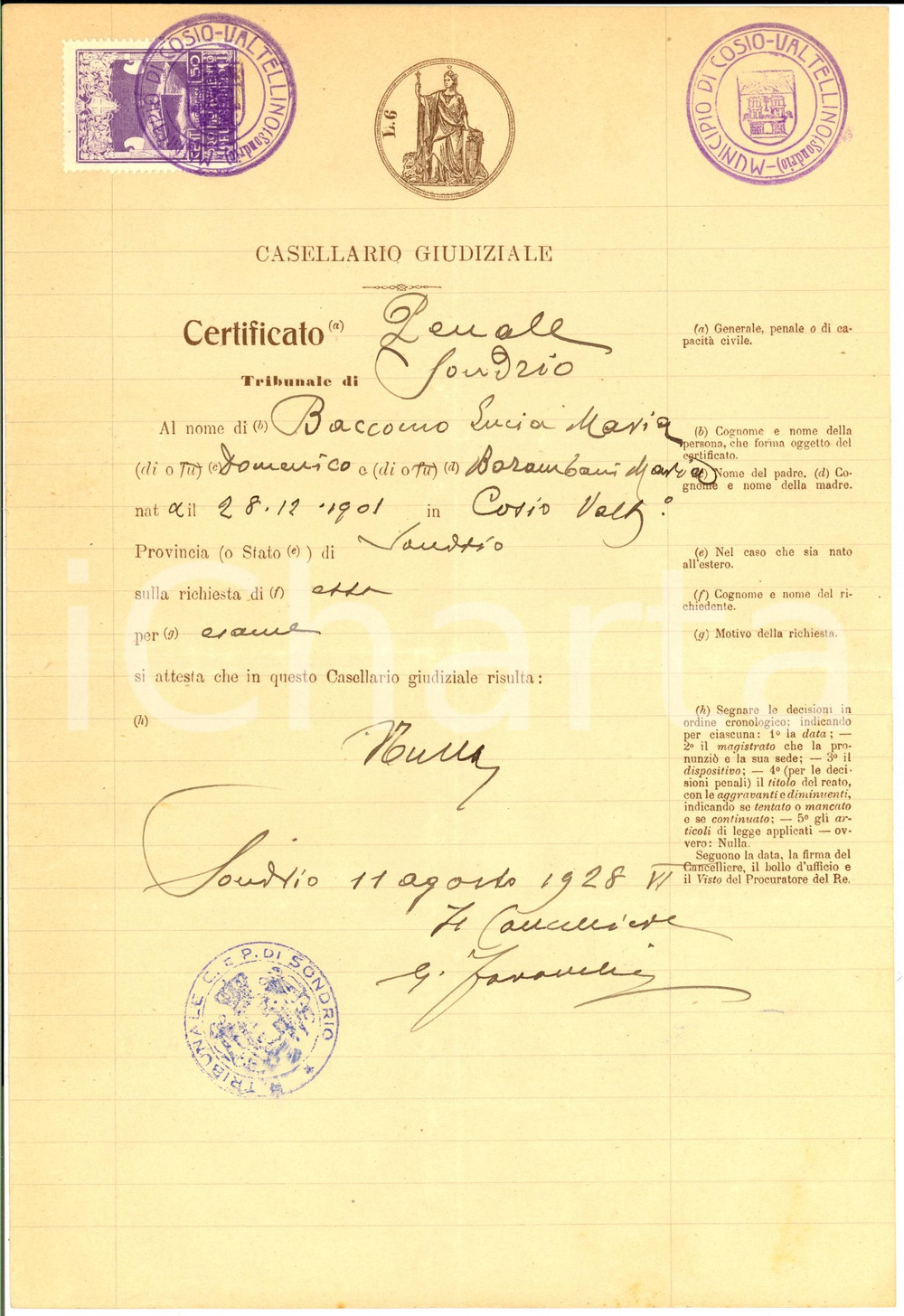Documento originale, autentico 1928 COSIO VALTELLINO SO Fedina penale Lucia Maria BACCOMO Documento 1