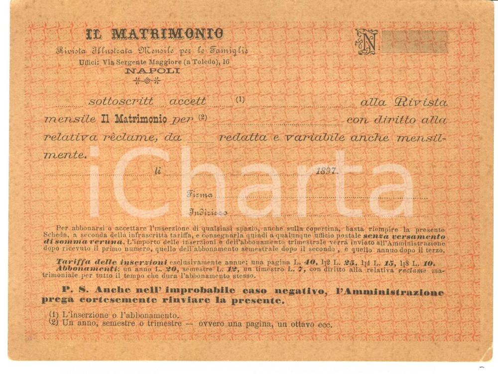 Documento originale, autentico 1897 NAPOLI Abbonamento rivista per famiglie IL MATRIMONIO 1