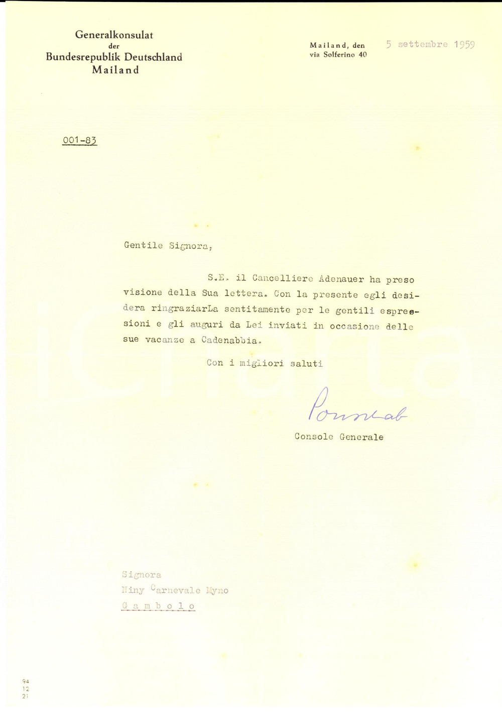 Manoscritto, lettera originale 1959 MILANO Consolato Germania  Konrad ADENAUER ringrazia Niny CARNEVALE MIINO 1
