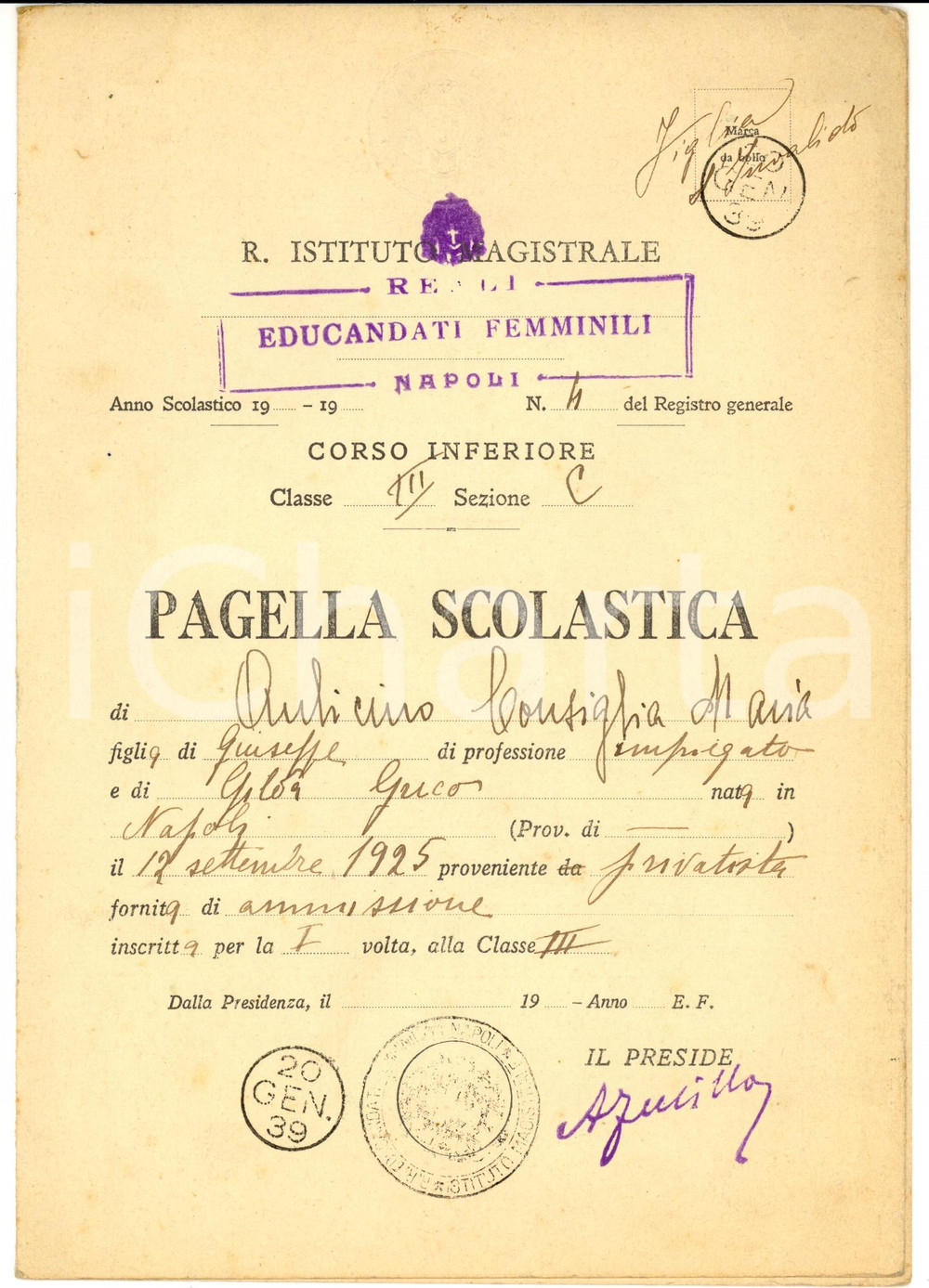 Oggetto da collezione cartaceo 1939 NAPOLI Istituto Magistrale   Pagella di Consiglia AULICINO 1
