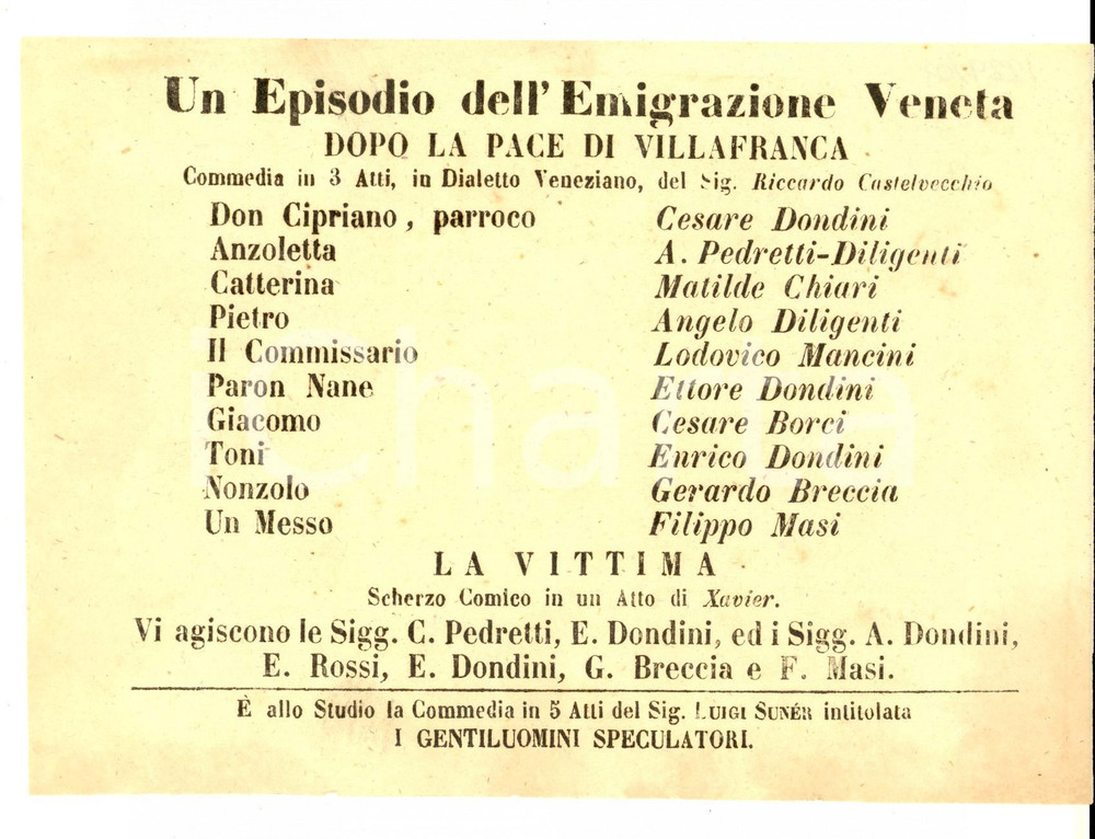 Materiale pubblicitario d’epoca 1862 FIRENZE TEATRO NICCOLINI Un episodio dell emigrazione veneta Locandina 1