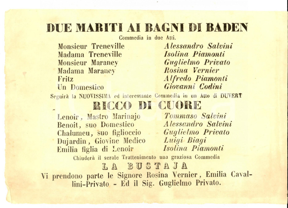 Materiale pubblicitario d’epoca 1862 FIRENZE TEATRO NICCOLINI Due mariti ai bagni di Baden Locandina 1