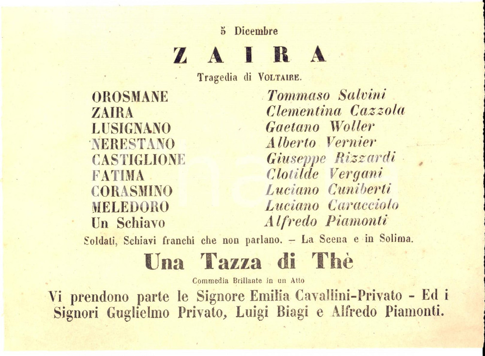 Materiale pubblicitario d’epoca 1861 FIRENZE TEATRO NICCOLINI Zaira Tommaso SALVINI e Clementina CAZZOLA 1