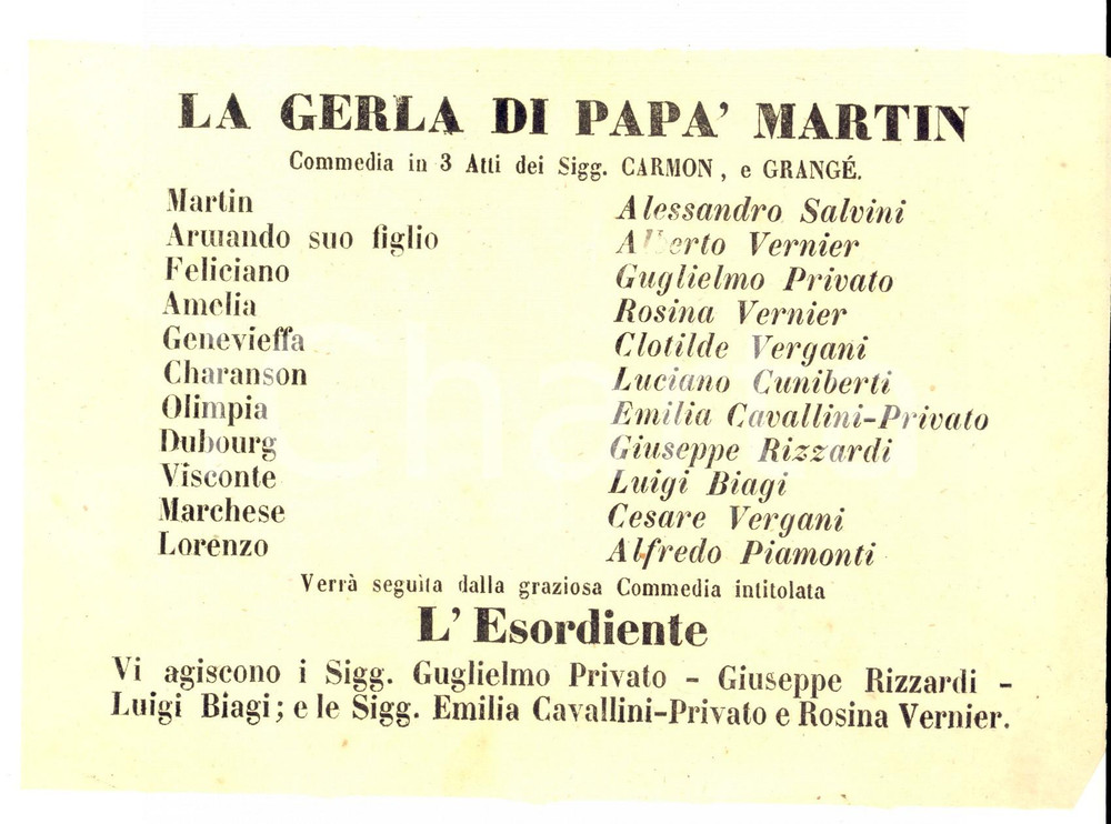 Materiale pubblicitario d’epoca 1862 FIRENZE TEATRO NICCOLINI La gerla di papà Martin  Alessandro SALVINI 1
