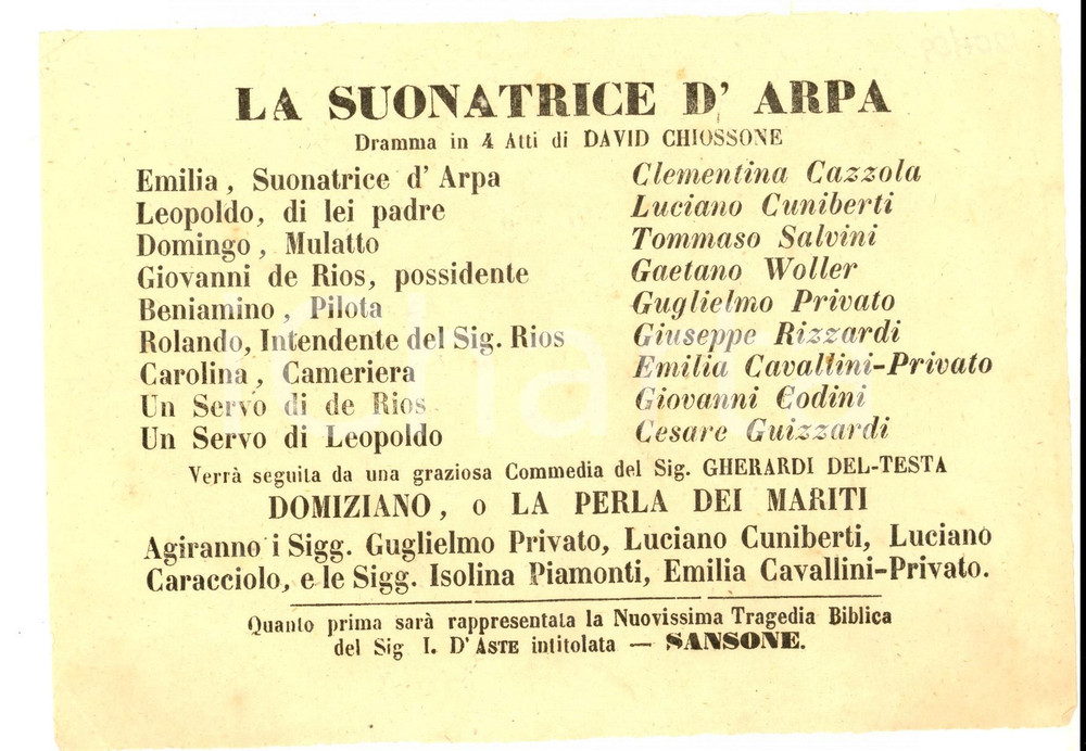 Materiale pubblicitario d’epoca 1862 FIRENZE TEATRO NICCOLINI La suonatrice d arpa  Clementina CAZZOLA 1