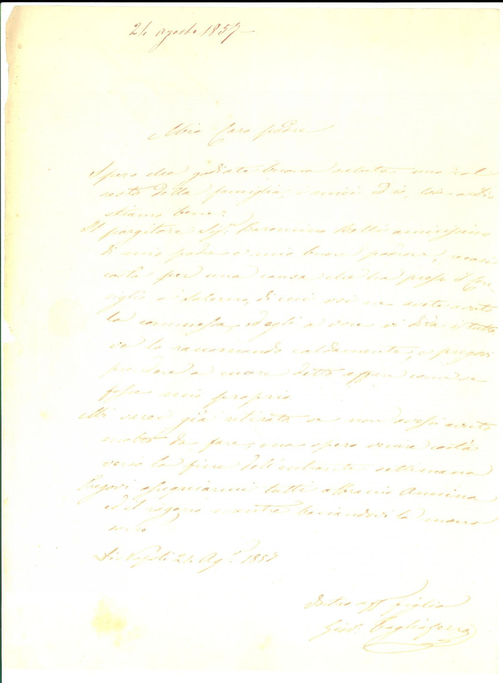 Documento originale, autentico 1857 NAPOLI Giovanni TAGLIAFERRO raccomanda giovane barone BELLI Lettera 1