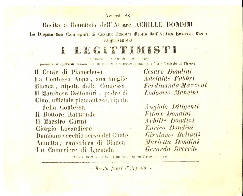 Materiale pubblicitario d’epoca 1862 FIRENZE TEATRO NICCOLINI I legittimisti  Cesare DONDINI Locandina 1