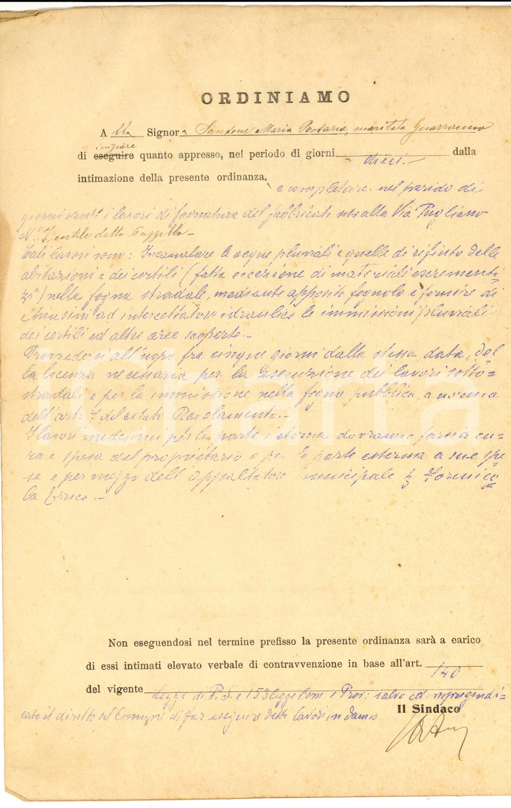 Documento originale, autentico 1916 ERCOLANO NA Ordinanza a Maria Rosaria SANSONE per lavori fognatura 1