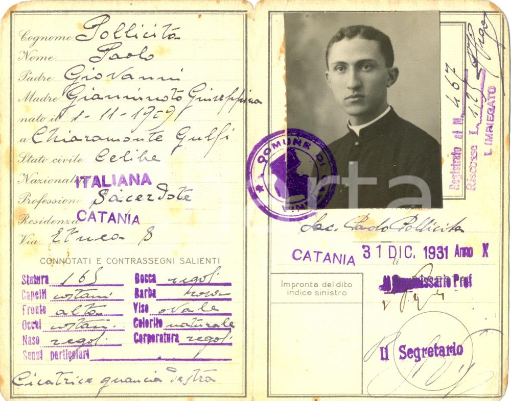 Documento originale, autentico 1931 CATANIA Carta di identità Paolo POLLICITA sacerdote con fototessera 1
