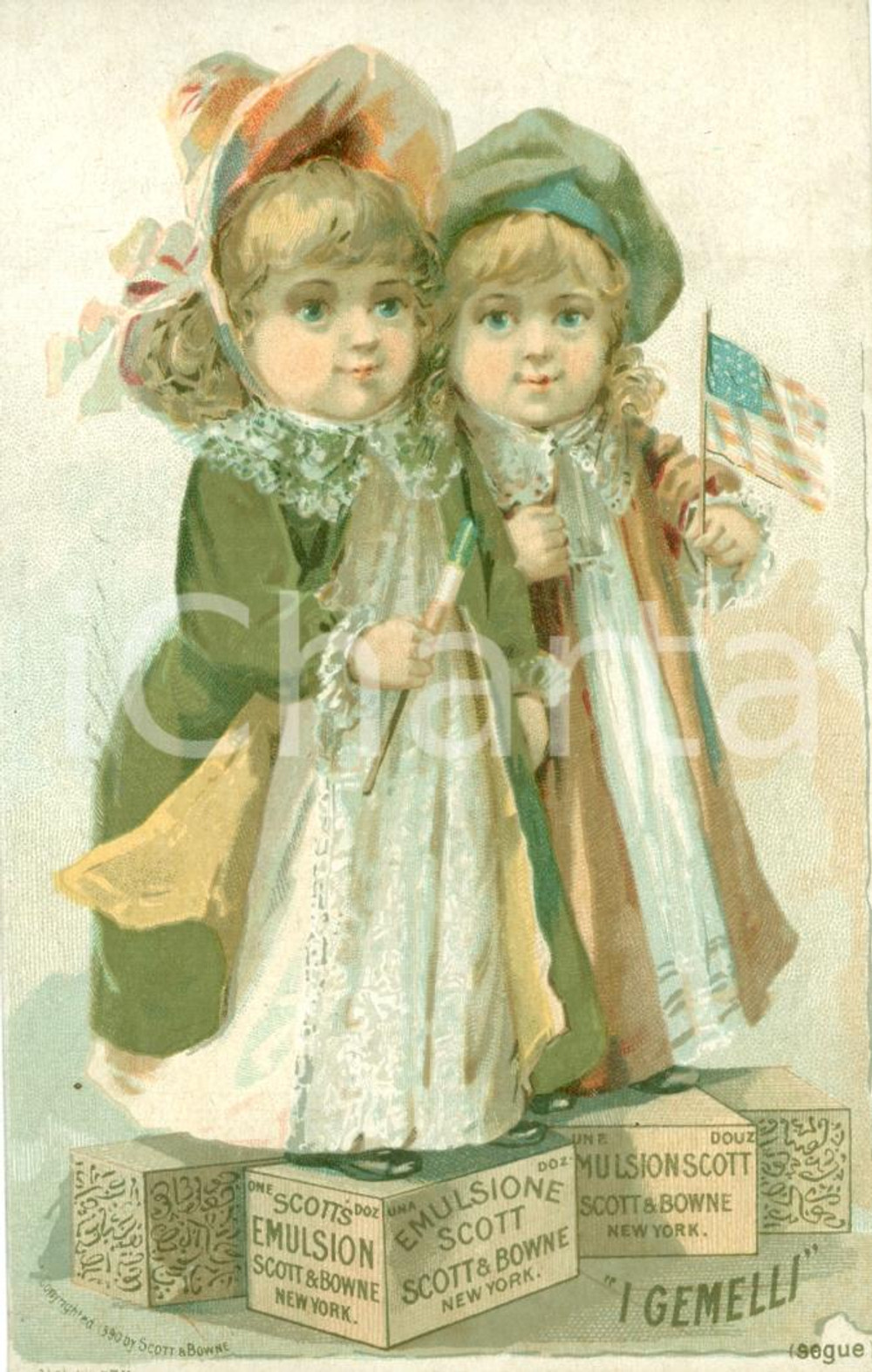 Materiale pubblicitario d’epoca 1890 SCOTT & BOWNE Emulsione Scott Biglietto ILLUSTRATO a colori con gemelline 1