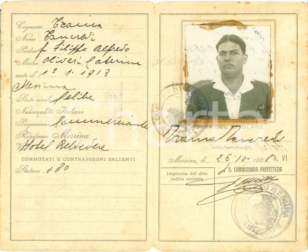 Documento originale, autentico 1928 MESSINA Carta di identitÃ  Tancredi TRAINA con fototessera Documento 1