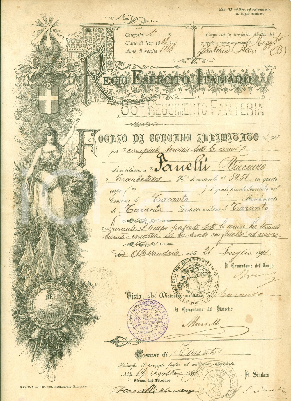 Documento originale, autentico 1891 ALESSANDRIA Congedo illimitato Vincenzo FANELLI 86 Reggimento Fanteria BARI 1
