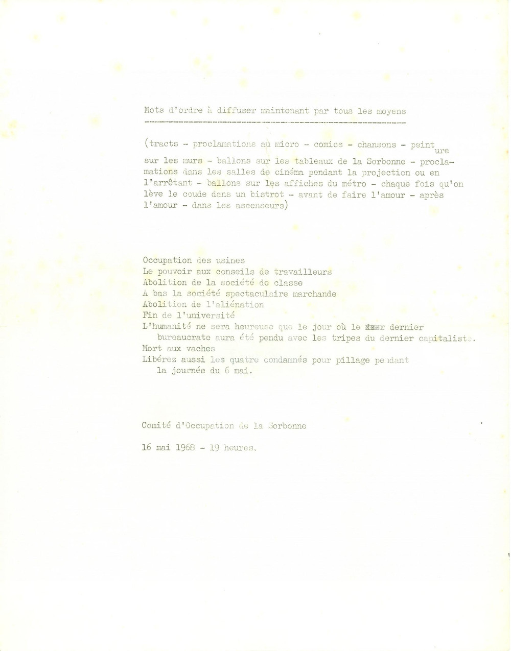 Documento originale, autentico 16 mai 1968 PARIS ComitÃ© Occupation SORBONNE Occupation des usines! Ciclostile 1