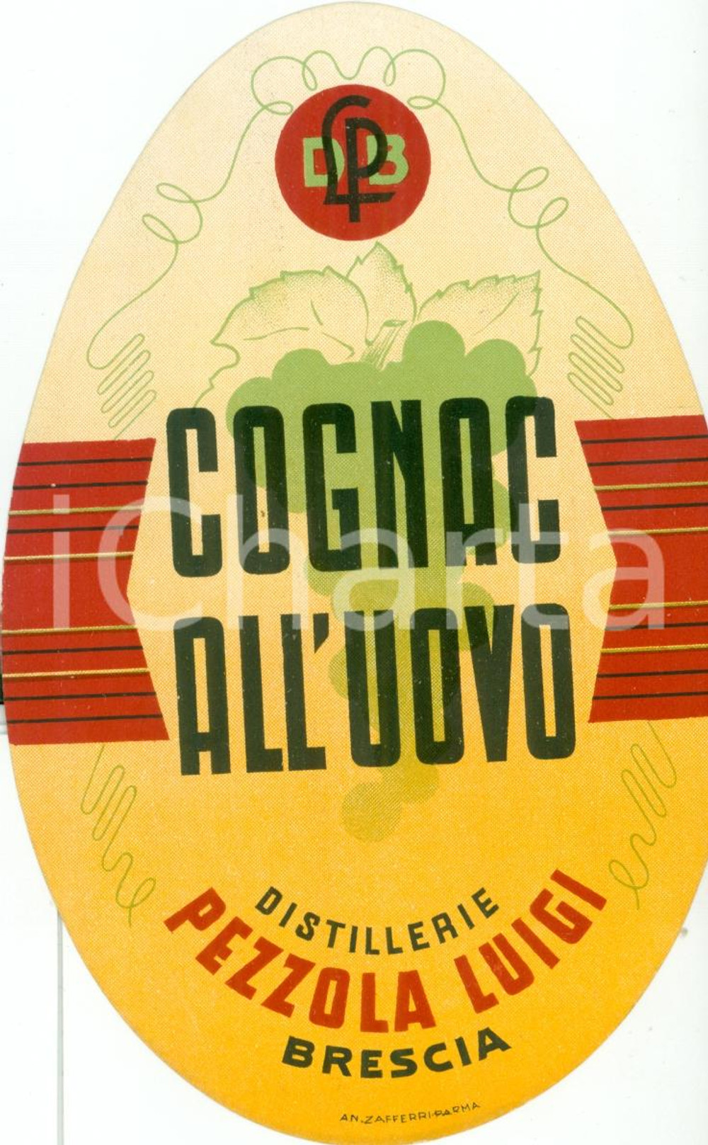 Materiale pubblicitario d’epoca 1940 ca BRESCIA Distillerie PEZZOLA Luigi Cognac all uovo ETICHETTA 1