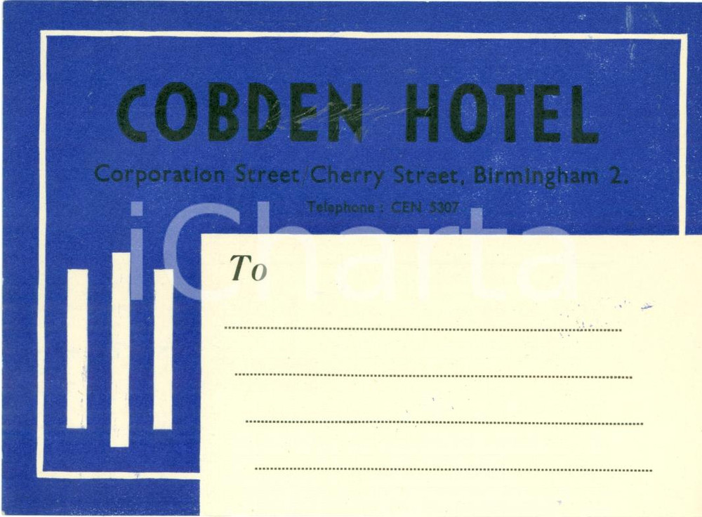 Materiale pubblicitario d’epoca 1940 ca BIRMINGHAM UK Etichetta bagagli COBDEN HOTEL 1