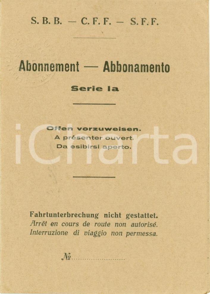 Oggetto da collezione cartaceo 1920 ca FERROVIE FEDERALI SVIZZERE Specimen abbonamento S.B.B. C.F.F. S.F.F. 1