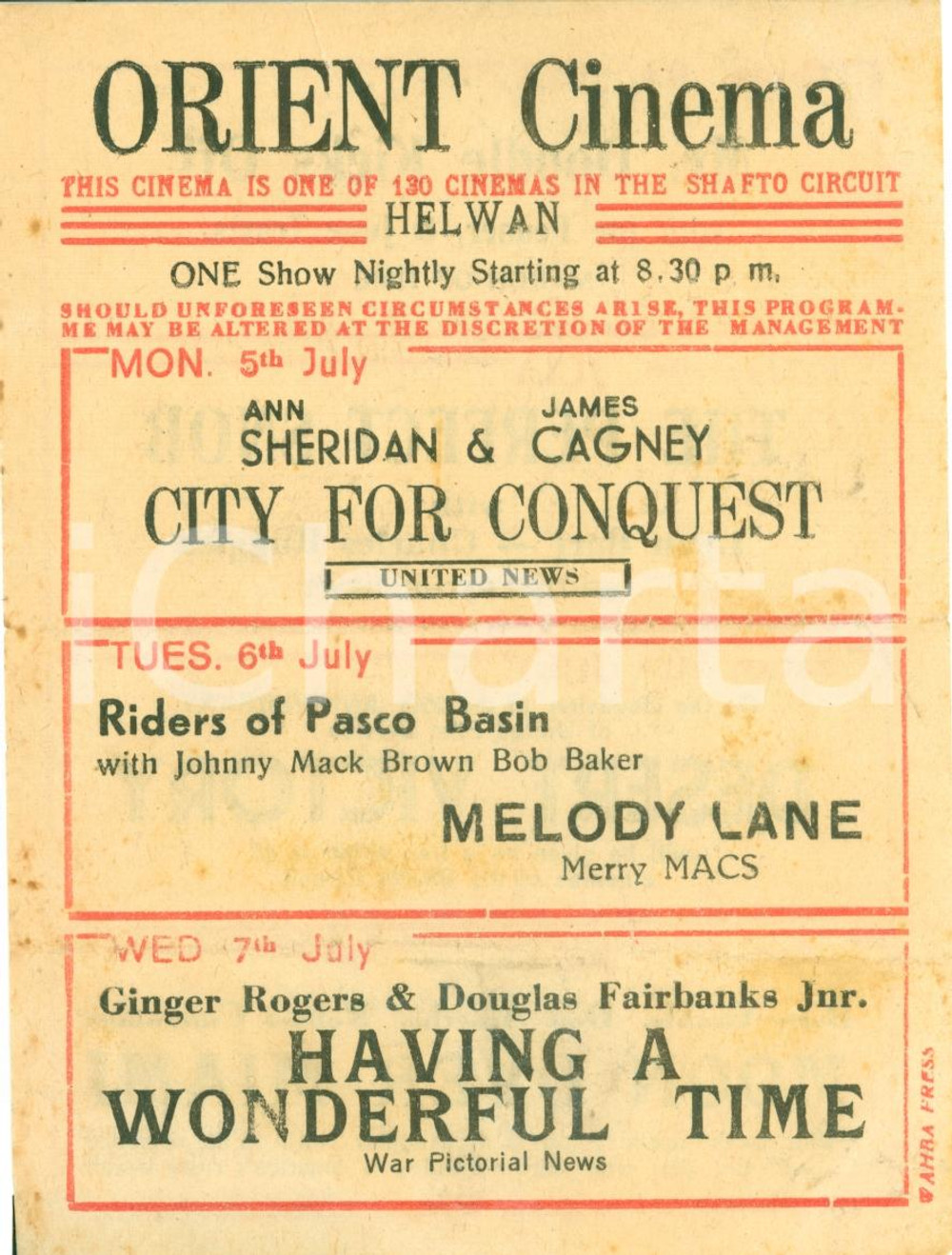 Materiale pubblicitario d’epoca 1943 HELWAN EGYPT Shows at the ORIENT CINEMA Leaflet 1