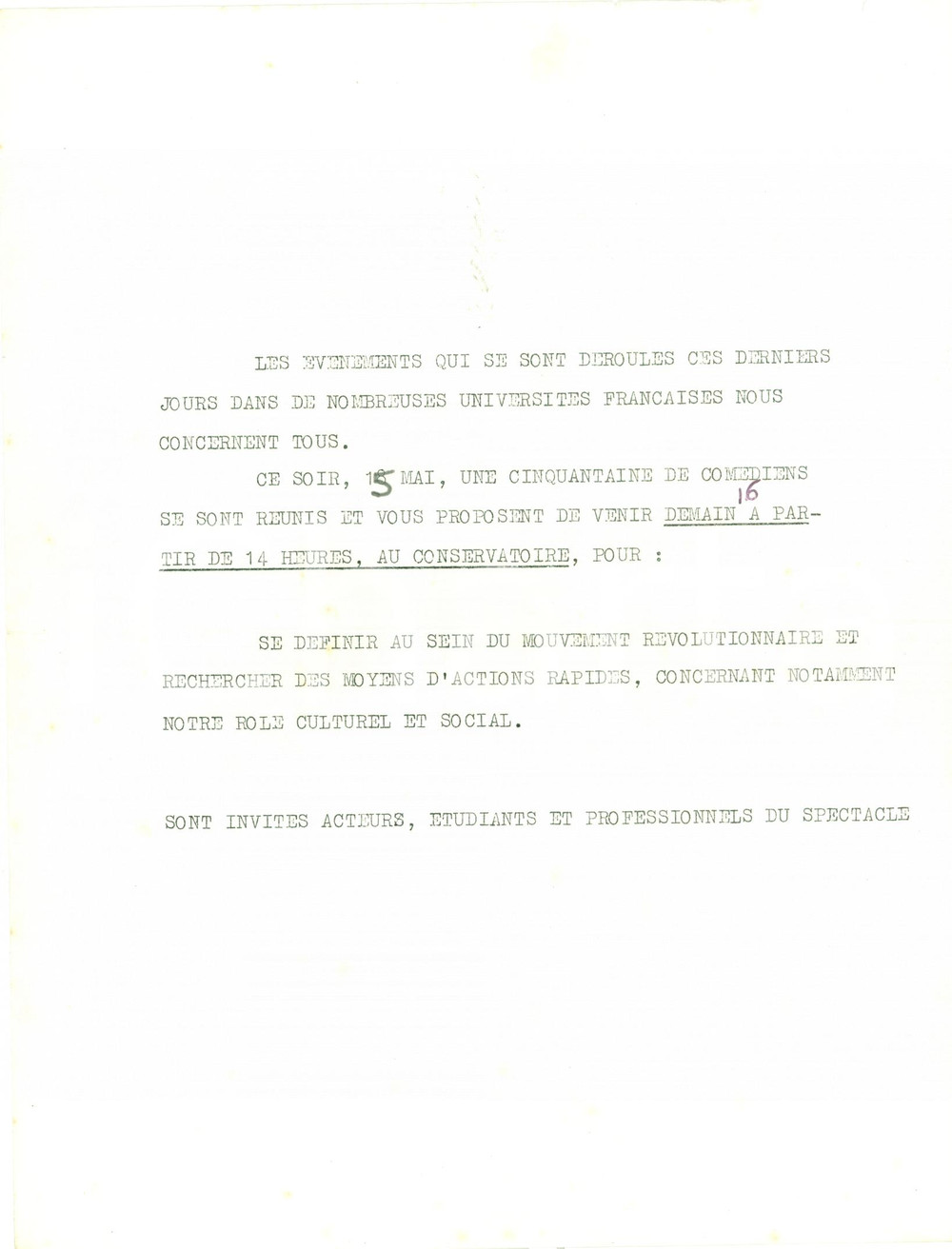 Documento originale, autentico 1968 PARIS Les comÃ©diens et la Revolution MAGGIO FRANCESE Mai 68 Ciclostile 1