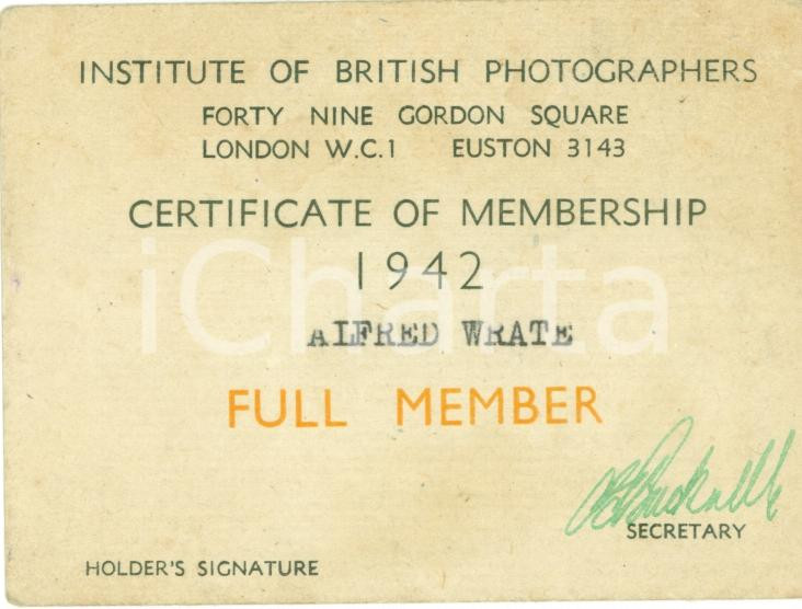 Oggetto da collezione cartaceo 1942 LONDON UK Alfred WRATE Institute British Photographers Tessera 1