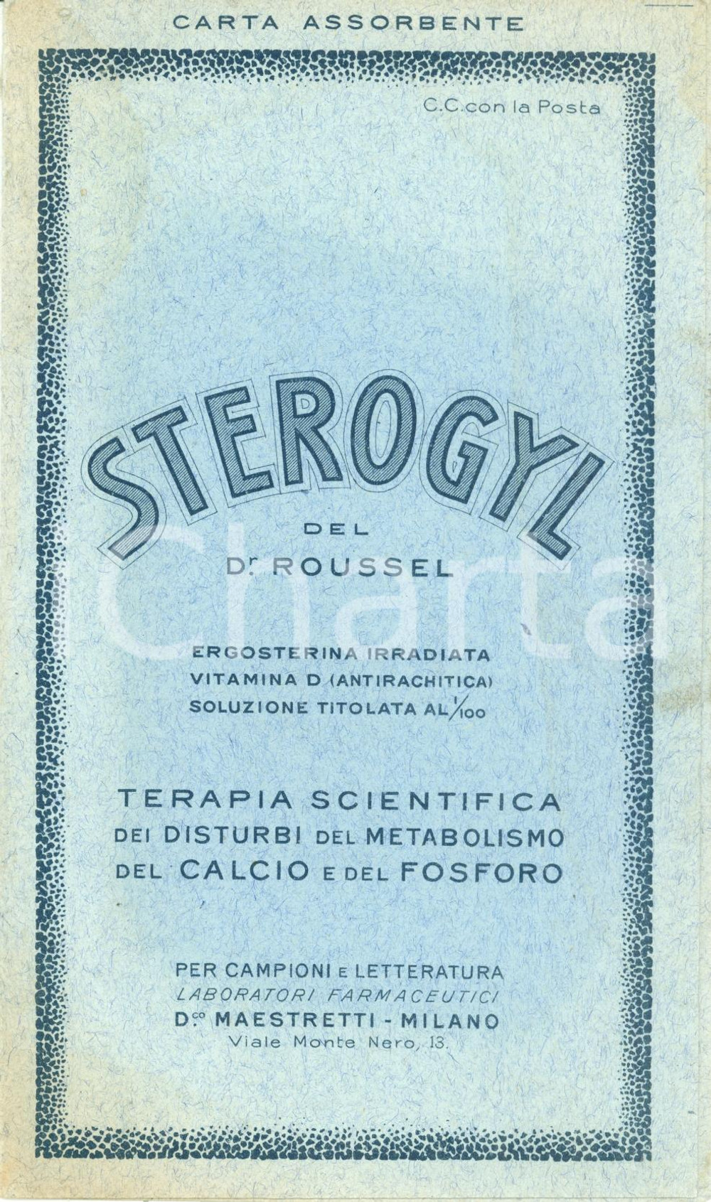 Materiale pubblicitario d’epoca 1930 MILANO Laboratori farmaceutici MAESTRETTI Farmaco STEROGYL carta assorbente 1