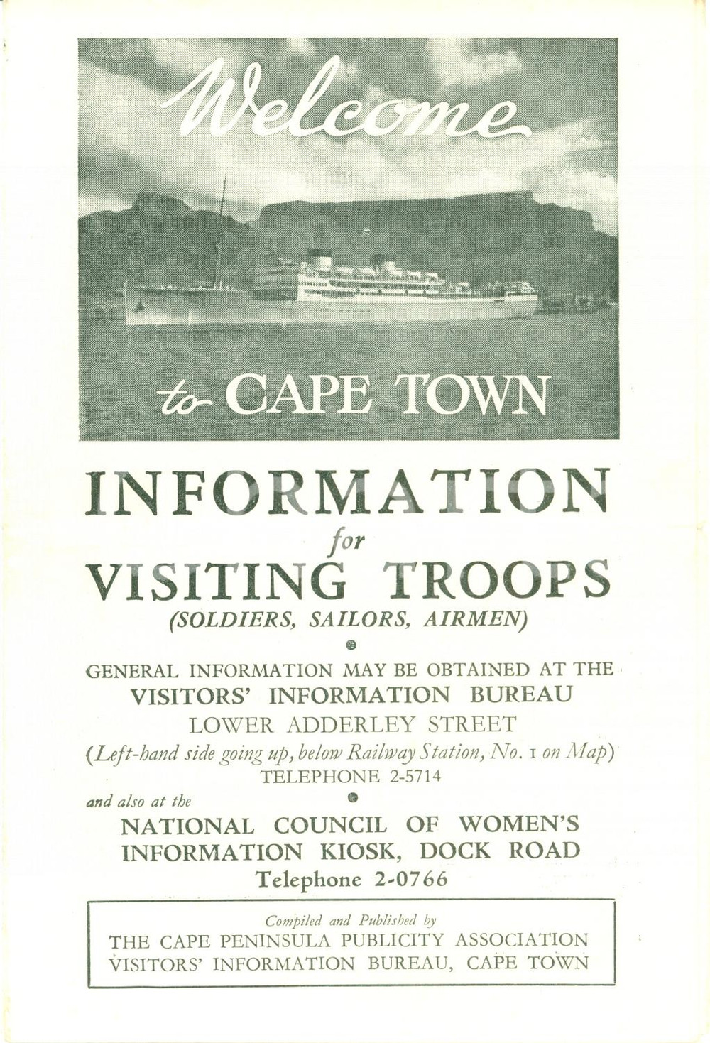 Materiale pubblicitario d’epoca 1940 ca CAPE TOWN SOUTH AFRICA Information for visiting troops WITH MAPS 1