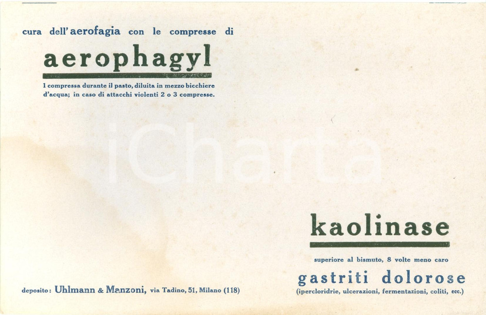 Materiale pubblicitario d’epoca 1930 MILANO Deposito UHLMANN & MANZONI Compresse AEROPHAGYL PubblicitÃ  1