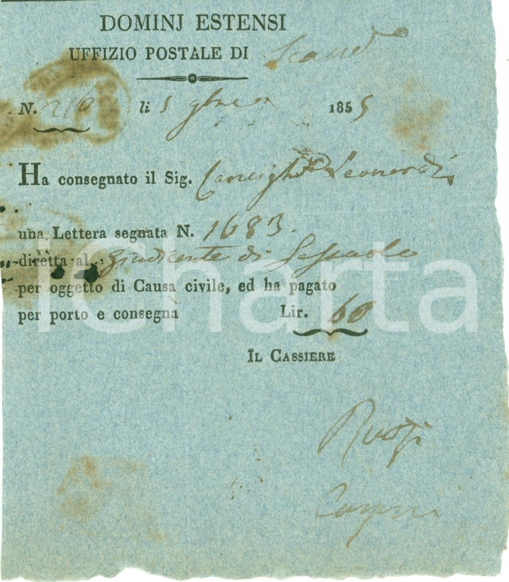 Documento originale, autentico 1852 SCANDIANO RE Cancelliere LEONARDI per giudice di SASSUOLO Domini ESTENSI 1