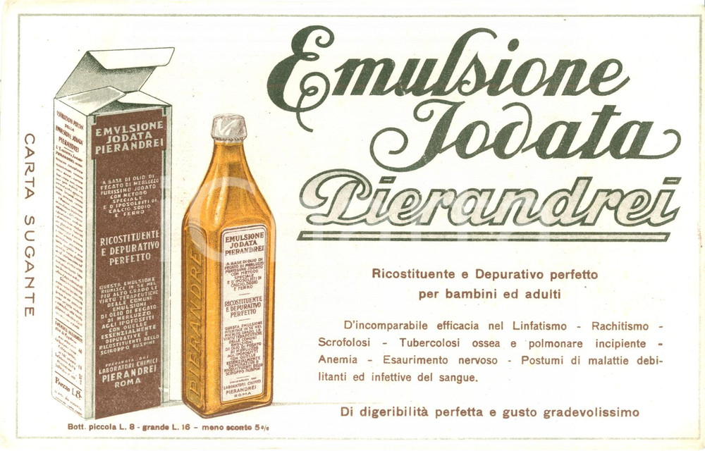 Materiale pubblicitario d’epoca 1940 ROMA Emulsione jodata Laboratori PIERANDREI Carta assorbente Farmaceutica 1