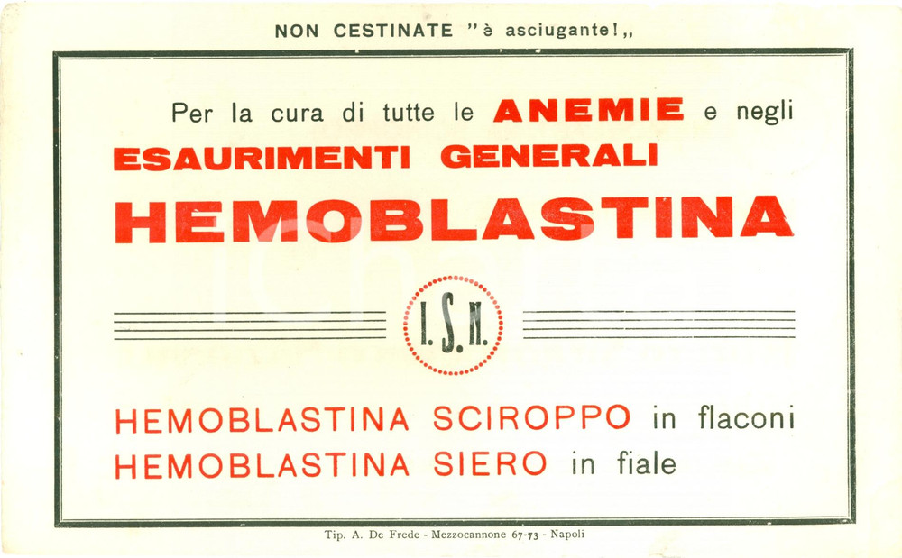 Materiale pubblicitario d’epoca 1940 ca NAPOLI Istituto Sieroterapico HEMOBLASTINA sciroppo al sangue di cavallo 1