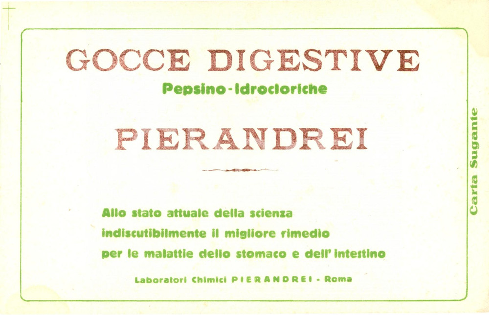 Materiale pubblicitario d’epoca 1930 ROMA Gocce digestive Laboratori PIERANDREI Carta sugante Farmaceutica 1