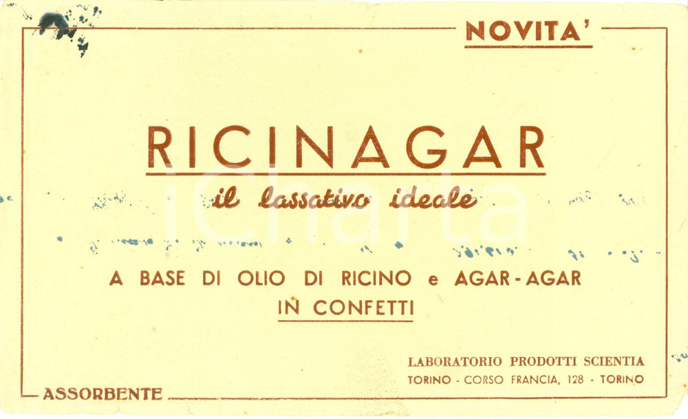 Materiale pubblicitario d’epoca 1930 ca TORINO Laboratorio prodotti SCIENTIA Lassativo RICINAGAR Farmaceutica 1