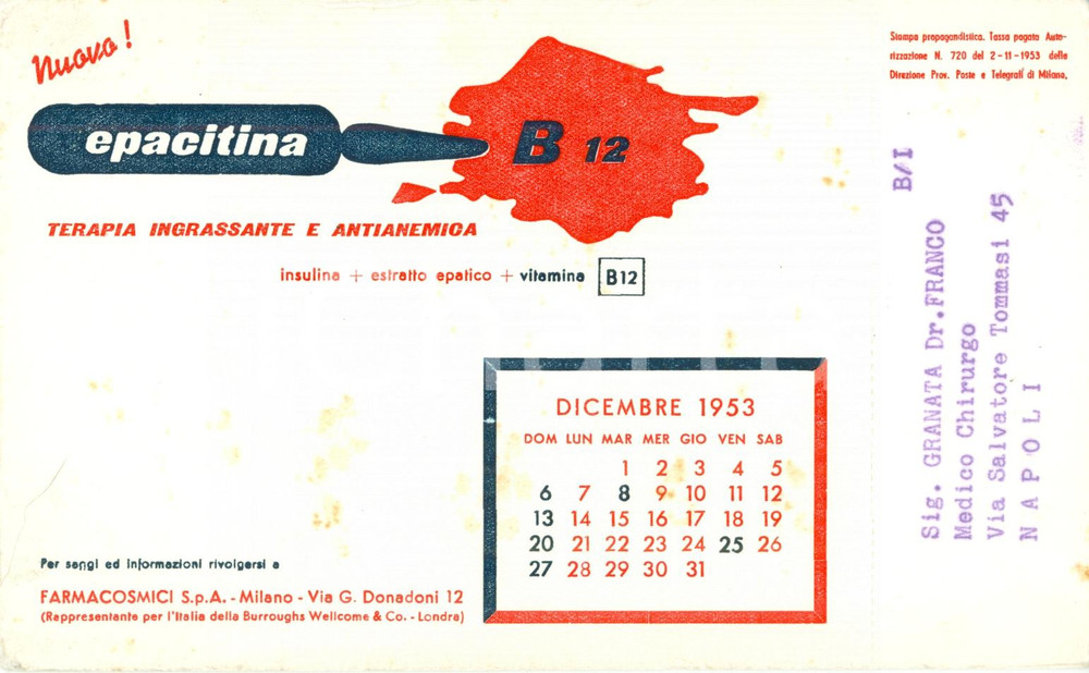 Materiale pubblicitario d’epoca 1953 MILANO Epacitina B12 FARMACOSMICI s.p.a. PubblicitÃ  carta assorbente 1