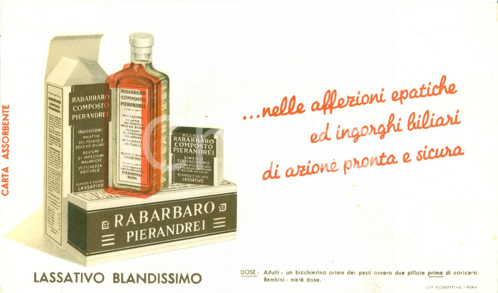 Materiale pubblicitario d’epoca 1950 ROMA Pillole rabarbaro Laboratori PIERANDREI Carta assorbente Farmaceutica 1